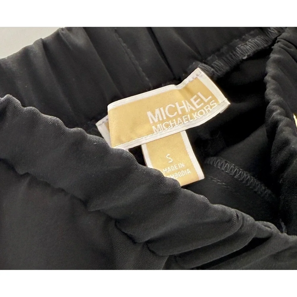 Michael Kors Black Wide Leg Drawstring Pants Gold MK Logo‎ Aglets Womens Small